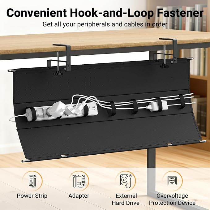 Housolution Under Desk Cable Management Tray, 36'' Cord Management | Premium Fabric Cable Storage Organizer, No Drilling Clamp/Screw Mount Cord Organization Tray for Office Home