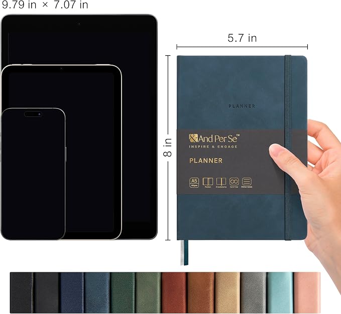 And Per Se Undated Planner, Weekly & Monthly Planner with Goal & Habit Tracker, A5 Leather Hardcover Productivity Journal for Academic Year (Blue)