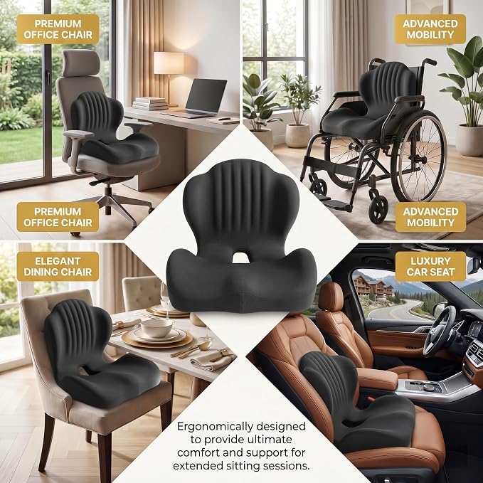 Ergonomic Memory Foam Seat Cushion with Back Support, Contoured for Office Chair, Car, Gaming, and Wheelchair, Breathable & Washable Cover, Black