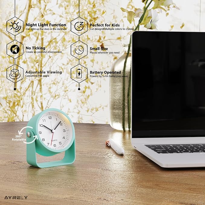 AYRELY® 3.5" Small Analog Travel Alarm Clock, Battery Operated Desk Clock | Cute Table Clock with Light, Adjustable Angle, Bedside, Bedrooms, Kids' Rooms and Living Room Decor (Light Blue)