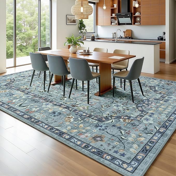 Vasofe 4x6 Area Rug for Bedroom, Washable Rugs for Living Room, Laundry, Kitchen, Vintage Floral Indoor Non Slip Carpet Farmhouse Blue Throw Carpets Soft Low Pile Mat for Dorm Bedside Office