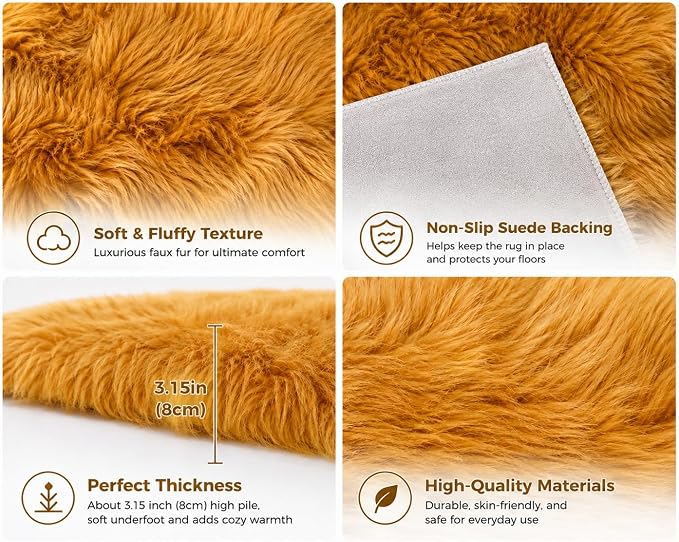 EasyJoy Faux Sheepskin Rug, Fluffy Faux Fur Rug, Ultra Soft Shag Area Rug with Non-Slip Backing for Bedroom, Living Room, Nursery, Kids Room(4 x 4 ft Round, Golden Yellow)