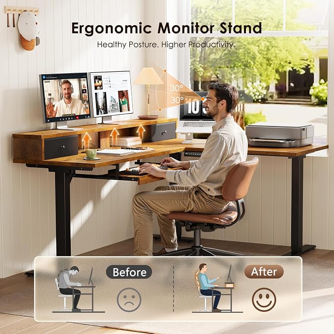 OffiGo 59 Inch L Shaped Electric Standing Desk with Drawers, Rustic Brown | Monitor Stand, Keyboard Tray, Fabric Drawer, Power Outlets, Height Adjustable Corner Stand Up Desk for Organized Home Office