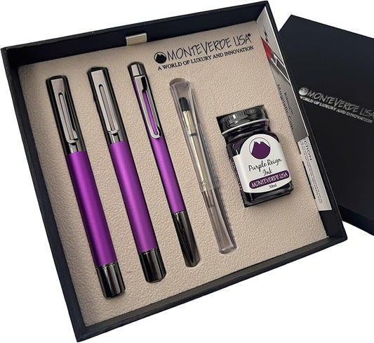 Monteverde Ritma 3+2 Piece Gift Set, Purple - Includes Fine Nib Fountain Pen, Rollerball, Ballpoint, 30ml Ink & Refill - Elegant Writing Set for Professionals & Collectors