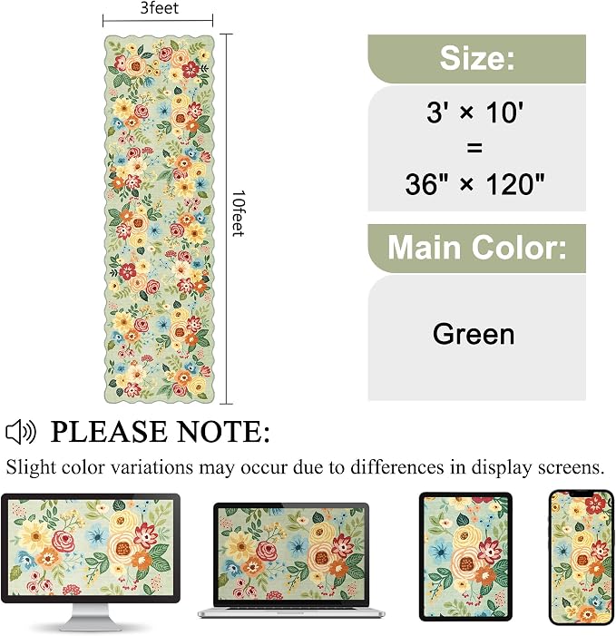 DUKINO 3x10 Washable Runner Rug, Non Slip Floral Ultra Soft Runner for Hallway, Lightweight Low Pile & Stain Resistant Long Throw Carpet for Kitchen, Bathroom, Entrance, Bedroom, Kids Room, Green