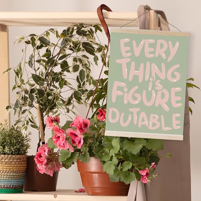 YQDEJ Pink Green Everything Is Figureoutable Inspirational Wall Art Poster Hanger Frame, Pink Green Positive Affirmations Wall Decor, Motivational Wall Art for Home Office Classroom, 12x16 Inch