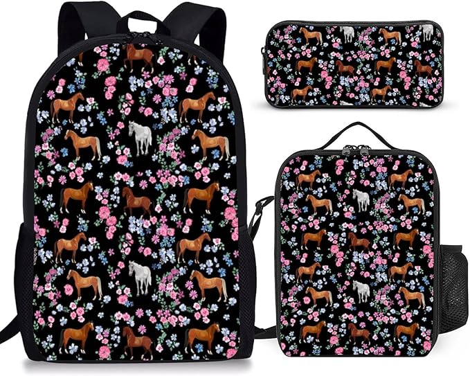 3PCS Horse Backpacks for Girls Boys Teens, School Backpack with Lunch Box Pencil Case for Elementary Middle High Students, 17 Inch Lightweight Bookpack 3 in 1 Set Back to Shool Supplies for Kids