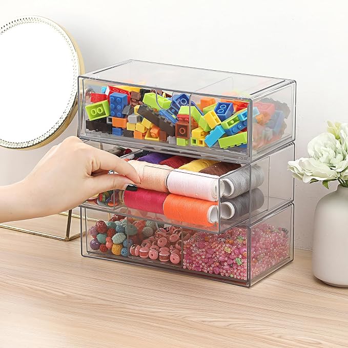 Acrylic Pencil Drawer with Removable Dividers Clear Pull Out Pen Drawer Organizer Stackable Bathroom Organizer for Makeup, Cosmetics, Office Supplies,3 Pack