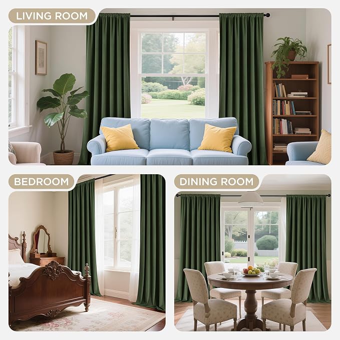 Joydeco Olive Green 100% Blackout Curtains 90 Inch 2 Panels, Luxury Thermal Green Velvet Curtains for Bedroom Living Room, Soundproof Blackout Window Drapes, Rod Pocket & Back Tab (52W x 90L)