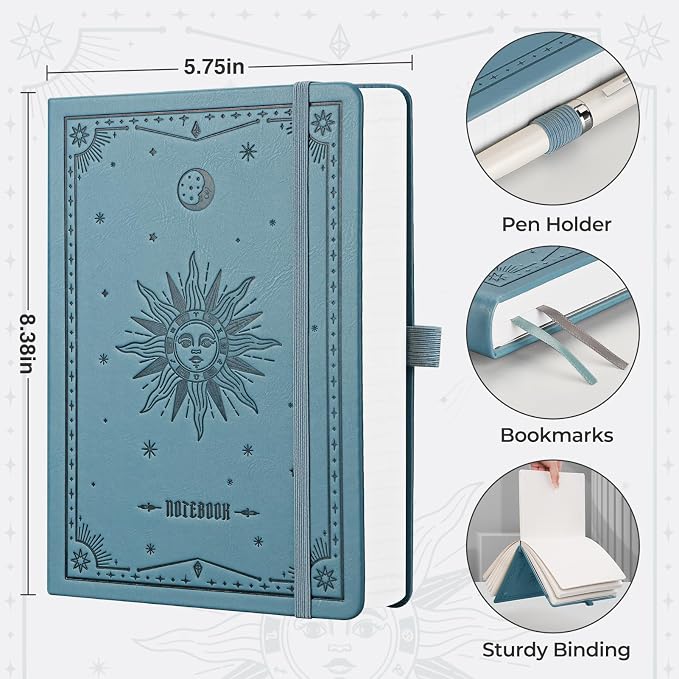 EMSHOI A5 College Ruled Notebook, 320 Numbered Pages 100GSM Ink-Proof Faux Leather Hardcover Lay-Flat Lined Journal for Work Office School Writing, SUN Design, Small 5.75" x 8.38", Light Blue