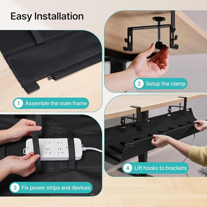 No Drill Under Desk Cable Management Tray, 47.2" Fabric Organizer | Clamp/Screw Premium Mount Cord Holder, for Power Strips, Adapters, with 2 Hooks & 1 Tie Roll for Home Office Gaming, Black