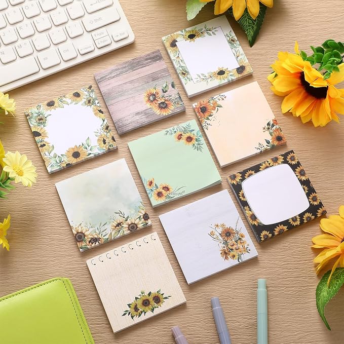 9 Pads Cute Sticky Notes Cartoon Self Stick Notepads 3x3 Inches Notes Adhesive Memo Pad Office Decor Gifts for Students School Teacher Office Meeting(Sunflower)