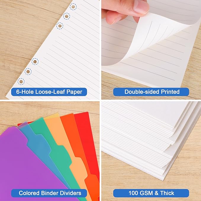 Antner A5 Lined Refill Paper 6 Hole Planner Inserts for A5 6 Ring Binder, 135 Sheets Wide Ruled Lined Filler Paper Loose Leaf Refills with 12PCS Binder Dividers for Refillable Notebook, Bullet Journal
