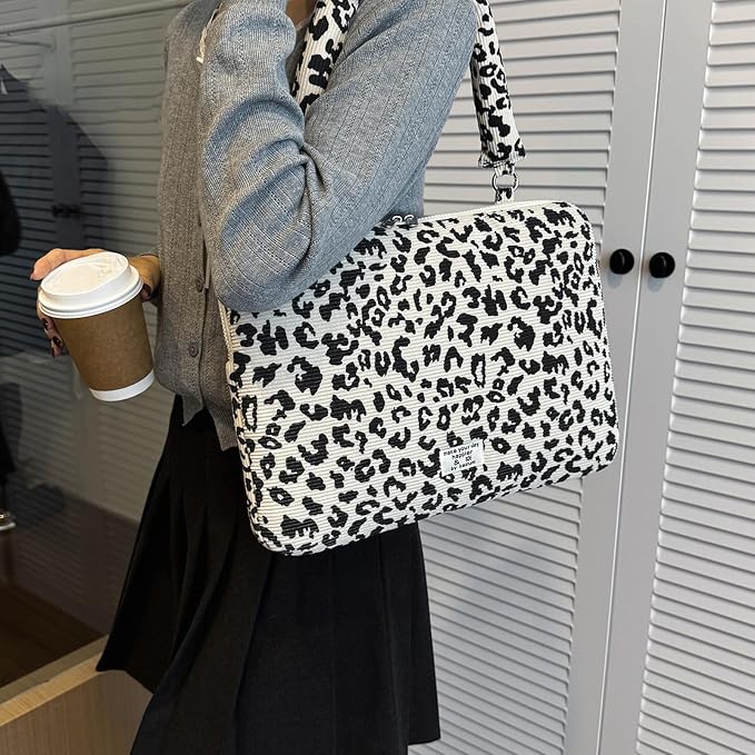 Leopard Print Laptop Case 11, 13,15 Inch Quilted Laptop Sleeve Soft Protective Cheetah Computer Sleeve for MacBook (Beige, with Strap, 13 Inch)