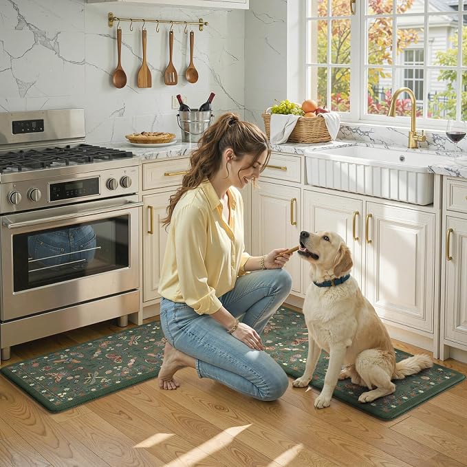 LEEVAN Anti Fatigue Mats for Kitchen Floor Non-Slip, Cushioned Kitchen Mats for Floor 2 Piece, Green Memory Foam Kitchen Mat Set, Waterproof Ergonomic Standing Mat for Bar, Office,Desk, Laundry