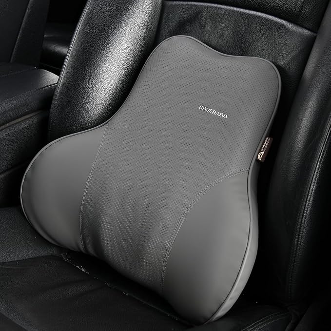 Coverado Lumbar Support Pillow for Car Seat Driver, Leather Car Seat Cushions for Driving Back Pain, Detachable Memory Foam Upper Lower Car Back Support Gray