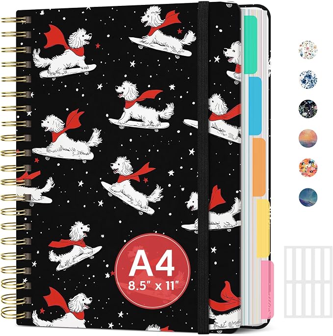 Large Spiral Lined Notebooks for Work with Removable Dividers & Tabs, 8.5"x11" Pretty Hardcover 5 Subject Notebook Journal for Women, College Ruled, for Study & Office, 280 Pages, Skate Pup