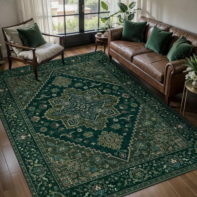 Tangsoo 4x6 Area Rug, Vintage Washable Non Slip Indoor Rugs, Oriental Machine Washable Rug Carpet, Soft Low Pile Foldable Floor Rugs for Dining Room Bedroom Living Room Home Decor Dark Green