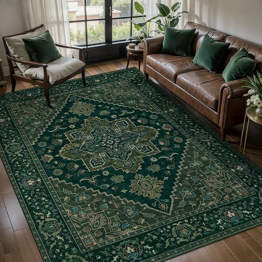 Tangsoo 4x6 Area Rug, Vintage Washable Non Slip Indoor Rugs, Oriental Machine Washable Rug Carpet, Soft Low Pile Foldable Floor Rugs for Dining Room Bedroom Living Room Home Decor Dark Green