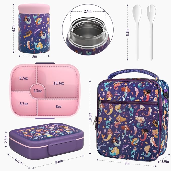 Kids Bento Lunch Box with Thermo Leak-Proof Snack Lunch Container with Insulated Lunch Bag Utensils Set Back to School Supplies Gifts for Boys and Girls Toddlers Kindergarten Lunch Accessories Purple