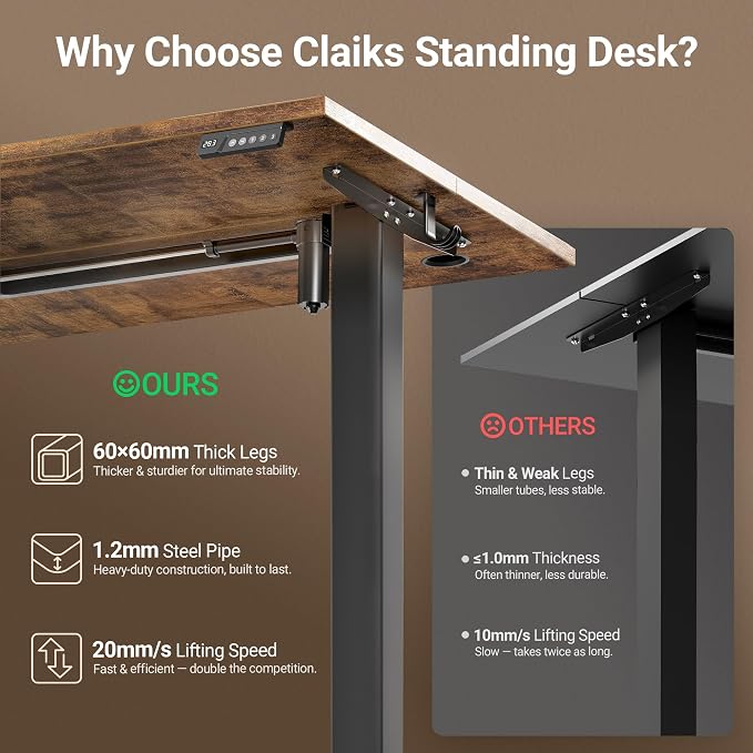 Claiks Electric Standing Desk, Adjustable Height Stand up Desk, 40x24 Inches Sit Stand Home Office Desk with Splice Board, Black Frame/Rustic Brown Top