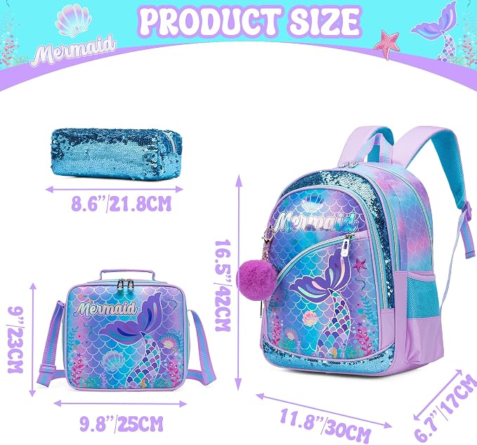 Meetbelify Mermaid Backpack for Girls School Backpack with Lunch Box for Elementary Student Teen Girls Cute School Bag Kids Bookbag for Girls 8-10 Purple