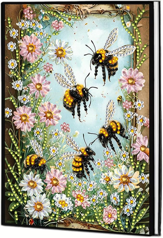 FRANDEK Diamond Art Painting Notebook Kit for Adults, Bee Flowers A5 PU DIY Journal with 50 Blank Pages, Crystal Rhinestone Beginner Craft Set with Full Tools, Gifts For Back To School Students