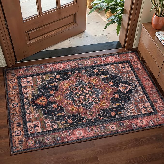 Tangsoo 2x3 Washable Rug for Entryway, Vintage Non Slip Small Area Rug, Indoor Front Door Rug, Print Door Mat Small Carpet, Soft Low Pile Rugs for Entrance Kitchen Bedroom Home Decor