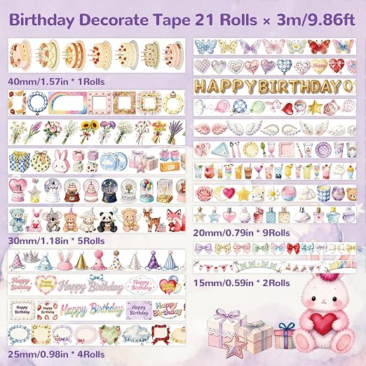 Washi Tape Set 21 Rolls,Birthday Decorative Masking Tapes | Junk Journal, Scrapbooking Supplies,Party Fovors for wedding, birthday