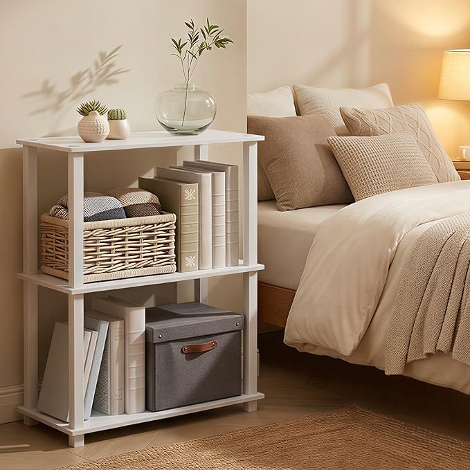 Furinno Turn-S-Tube Storage Shelves, 3-Tier Book Shelf, Corner Shelf, Toolless Open Frame Standing Shelves, for Organization and Storage, Living Room, Garage, Home Office, White