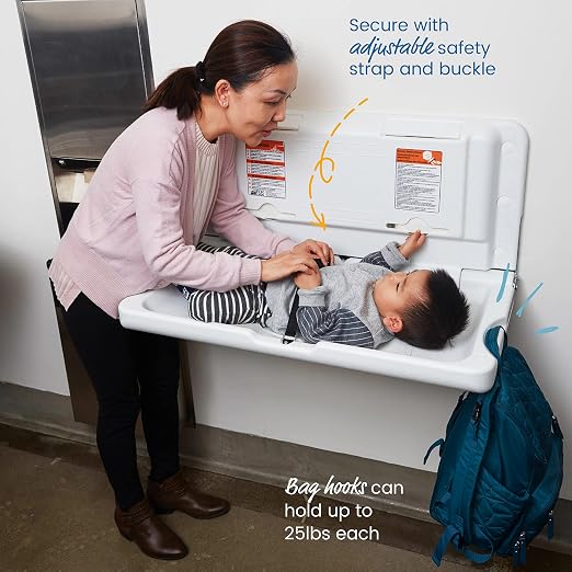 ECR4Kids Horizontal Wall-Mounted Changing Station with 500 Liners, Baby Changer, White Granite