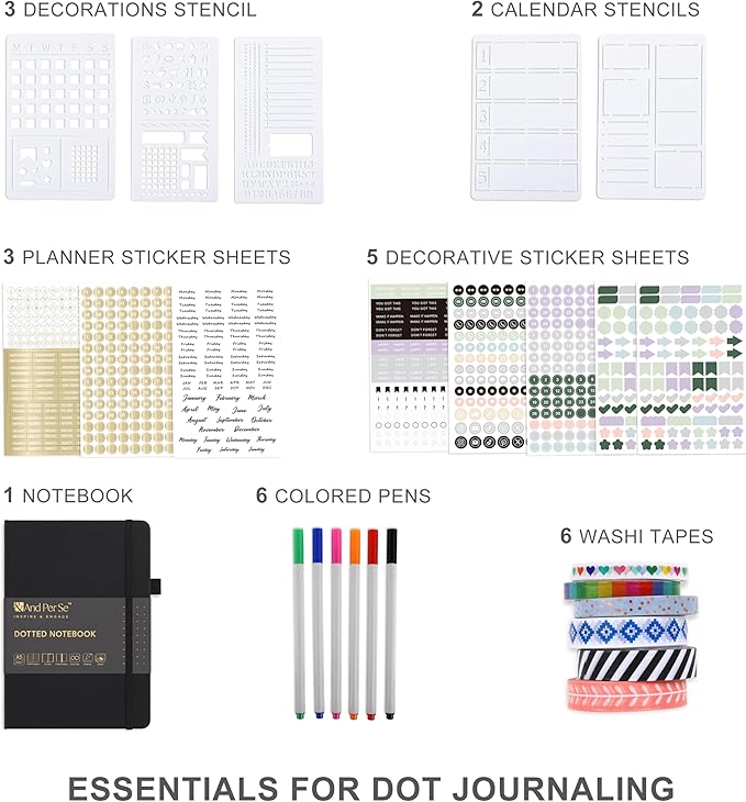 &And Per Se A5 Hardcover Dotted Notebook with 25+ Accessories - 6 Pens, Stickers, Stencils, Washi Tapes & Gift Box Included | Dotted Journal Kit for Beginners, Adults, Premium Gift Set (Black)