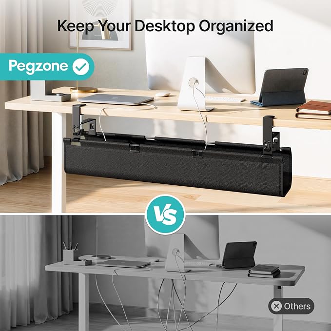 No Drill Under Desk Cable Management Tray, 31.5" Fabric Organizer | Clamp/Screw Premium Mount Cord Holder, for Power Strips, Adapters, with 2 Hooks & 1 Tie Roll for Home Office Gaming, Black