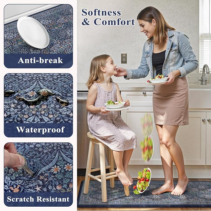 Collive Kitchen Mats for Floor 2PCS, Cushioned Anti Fatigue Rugs Non Slip Waterproof Kitchen Sink Mat, Dark Blue Floral Standing Mat for Bar, Office, Desk, Home Decor, 20" x 47" + 20" x 32"