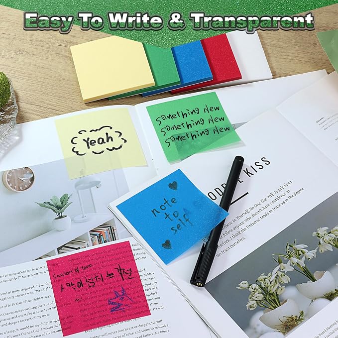 Transparent Glitter Sticky Notes 12 Pack, Sparkly Frosted Dark Star 3x3 Inch, High Transparency Glass-Like Adhesive Clear Seee Through Sticky Notes for Women Office School Supplies (600 Sheets)