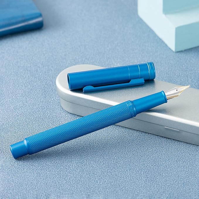 Hongdian 1851 Sky Blue Forest Fountain Pen Blade Nib Classic Design Calligraphy Pen with Converter and Metal Pen Case Set