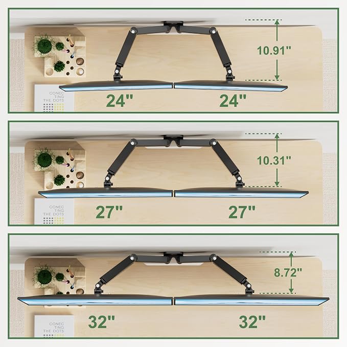 UPGRAVITY Dual Monitor Wall Mount, Double Monitor Wall Stand for Two 17-32 inch Flat Computer Screens, Height Adjustable Gas Spring Mounted Bracket Arms Hold up to 17.6lbs, VESA 75/100