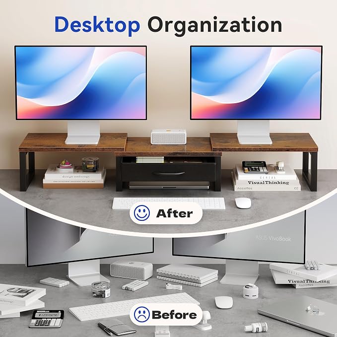 Desk Organizers and Accessories, Dual Monitor Stand Riser with Drawer, Computer Monitor Stand, Adjustable Desk Shelf for PC Laptop Printer TV, Brown