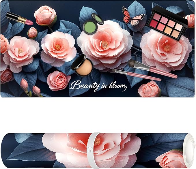 Dual-Sided Synthetic Leather Decorative Makeup Mat for Crafting, Furniture Protection, Scratch & Stain Resistant Surface Desk Pad, Waterproof Easy to Clean Vanity Protector (Pink Camellia)