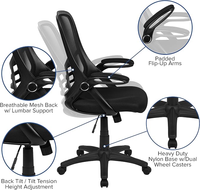 Flash Furniture Porter High Back Black Mesh Ergonomic Swivel Office Chair with Black Frame and Flip-up Arms