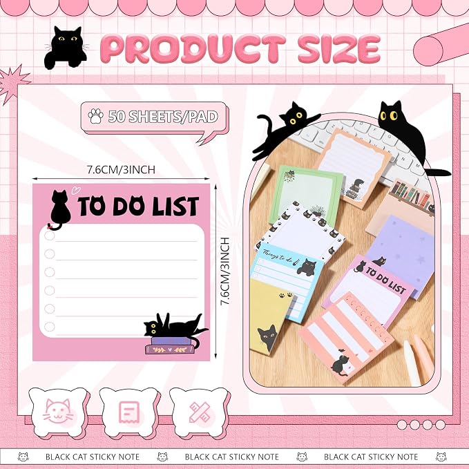 9 Pads Cute Sticky Notes Cartoon Self Stick Notepads 3x3 Inches Notes Adhesive Memo Pad Office Decor Gifts for Students School Teacher Office Meeting(Black Cat)