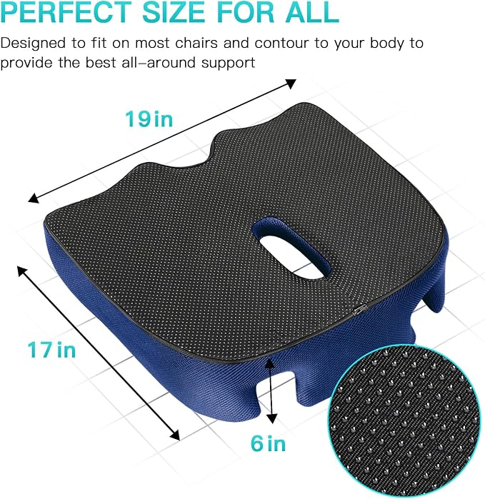 Benazcap X Large Memory Seat Cushion, Sciatica Pain Relief, Blue | Ergonomic design, Office Chair, Memory Foam Firm for Car, Wheelchair, Gaming Chair and Desk Chair