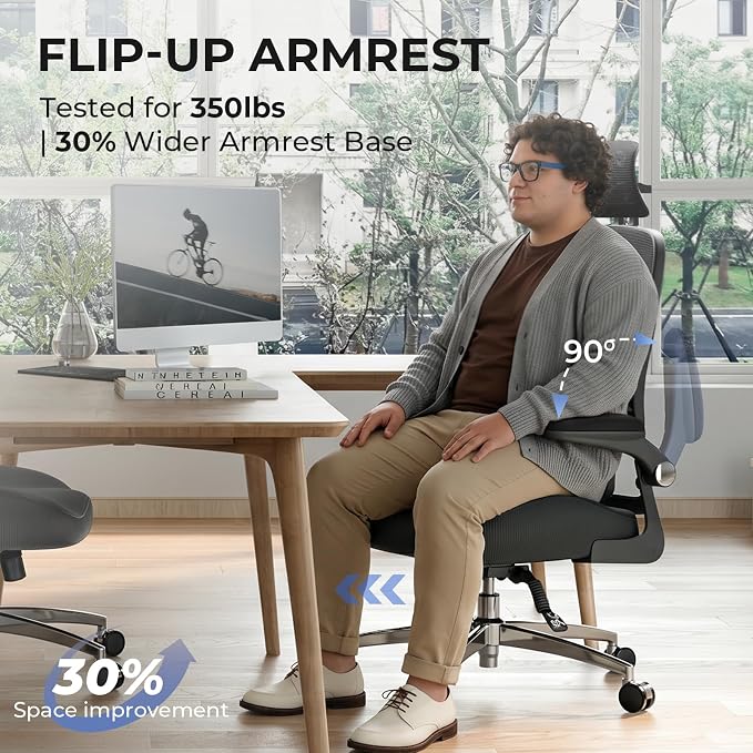 Big and Tall Office Chair, 350lbs Heavy Duty Desk Chair with Extra Wide Memory Foam Seat, 21-24.5 in Adjustable Height, Sacral Lumbar Support, Headrest and Flip-Up Arms for Home Office
