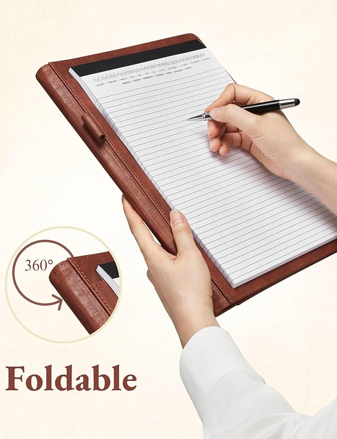 Mymazn Padfolio Portfolio Folder, Faux Leather Interview Resume Folder with Document Organizer & Business Card Holder, Letter-Sized Notepad Legal Pad Holder for Men Women (Dark Brown)