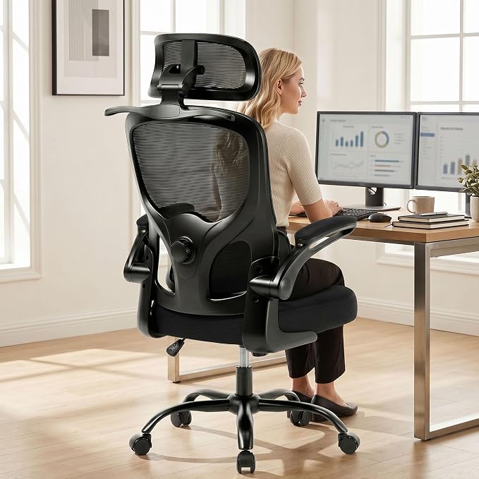 Ergonomic Office Chair, 330lbs Mesh Desk Chair with Adjustable Lumbar Support, 3D Headrest and Flip-Up Arms, Comfortable High Back Computer Chair for Home Office