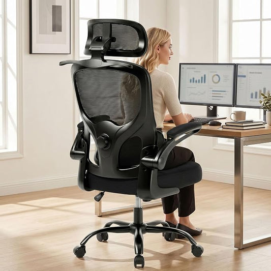 Ergonomic Office Chair, 330lbs Mesh Desk Chair with Adjustable Lumbar Support, 3D Headrest and Flip-Up Arms, Comfortable High Back Computer Chair for Home Office