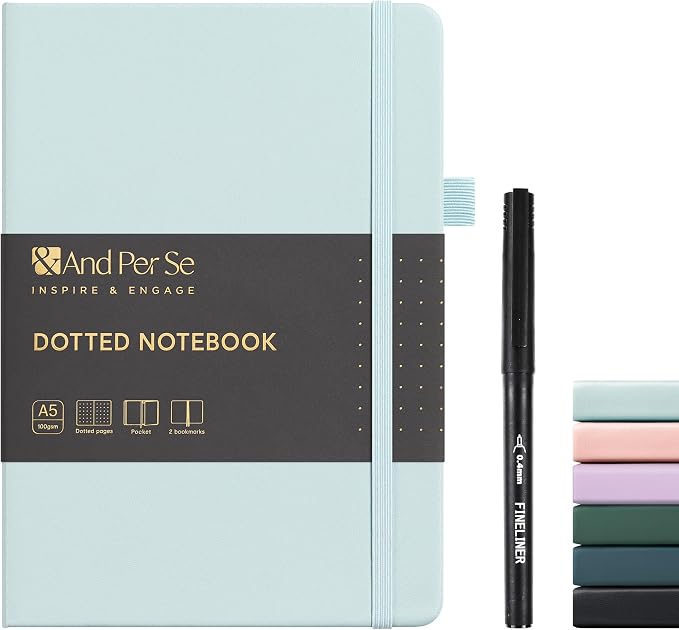 &And Per Se Dotted Journal and Pen Set, A5 Leather Hardcover Dotted Notebook, 160 Pages 100GSM Thick Paper Dot Grid Journal with Fineliner Pen (Cyan)
