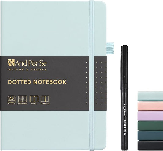 &And Per Se Dotted Journal and Pen Set, A5 Leather Hardcover Dotted Notebook, 160 Pages 100GSM Thick Paper Dot Grid Journal with Fineliner Pen (Cyan)