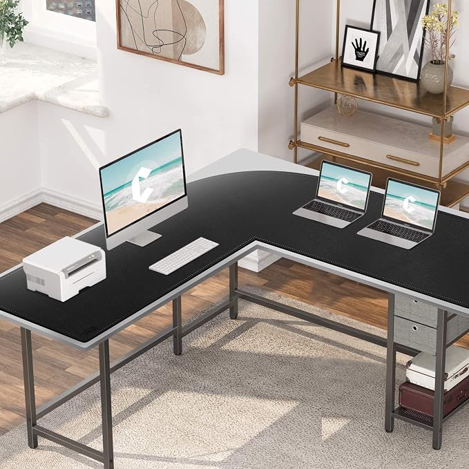 Cacoy 59" x 63" L Shaped Computer Desk Pad, PU Leather Desk Mat Protector, Waterproof Office Desk Pad Blotter, Extended Corner Desk Mouse Pad for Home and Office, Black