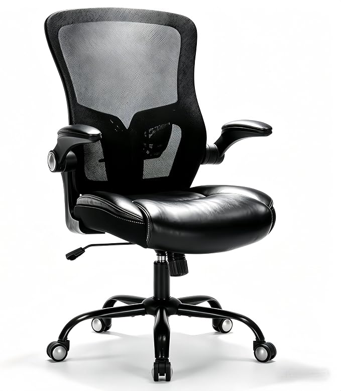 PU Leather Mesh Ergonomic Office Chair with Adjustable Arms Lumbar Support | Adjustable Height High Back Mesh Support with Flip up Armrests, Swivel Task Chairs for Home Office Computer 400BLS